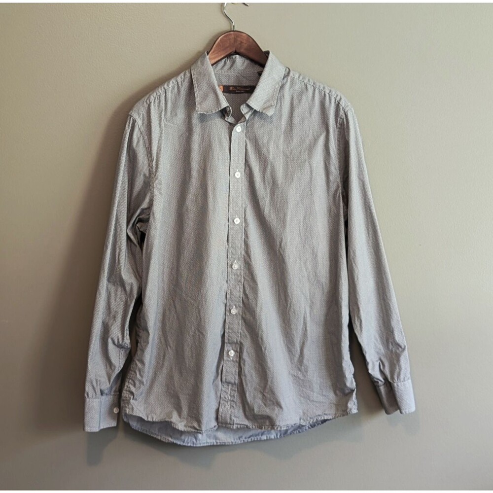Ben Sherman Mens Large Gray Polka Dot Button Up Dress Shirt Lightweight L Gray